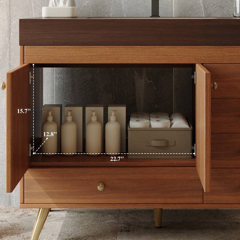 36" Bathroom Vanity with Faux Marble Top & Ceramic Sink, 5-Drawer Storage Cabinet with Stainless Steel Legs