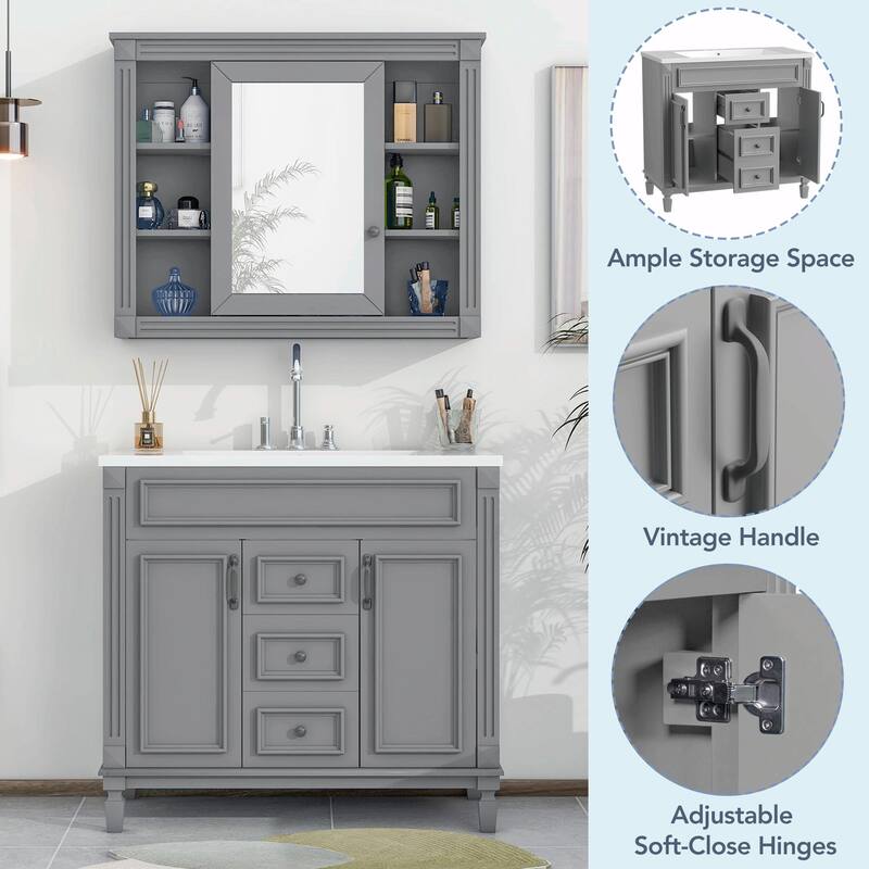 36'' Modern White Bathroom Vanity with Top Sink, Mirror Cabinet