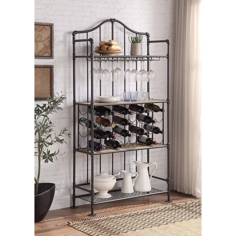 Metal Frame Wine Shelf in Oak and Sandy Black Finish