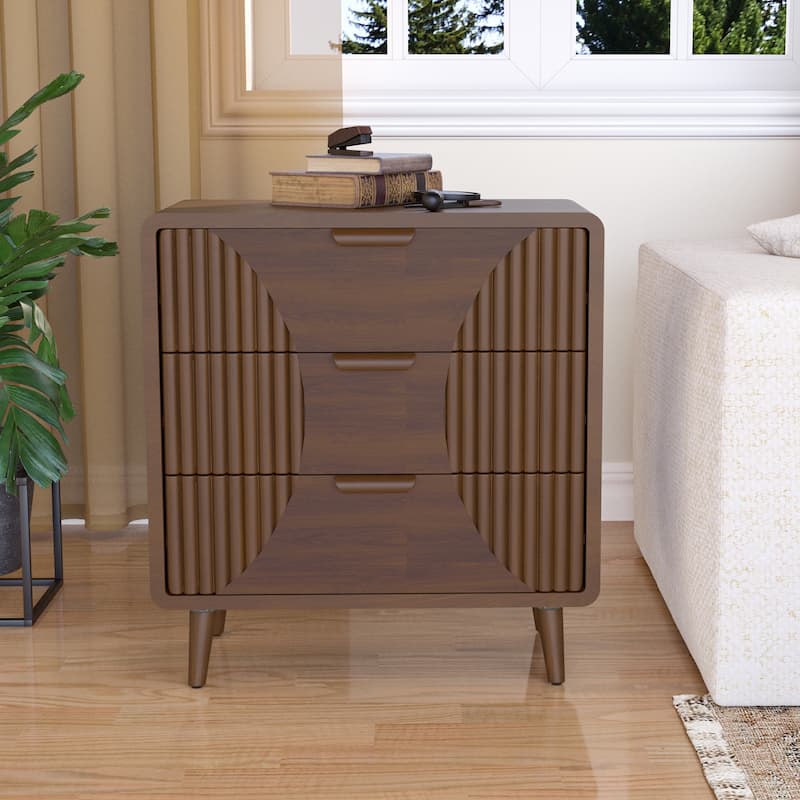 SUNBURY Solid Wood Brown Nightstand with 3-Drawers - Strip - 3-drawer