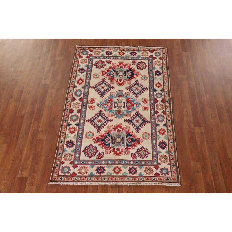 Beige / Ivory Kazak Oriental Accent Rug Handmade Wool Carpet - 3'6"x 5'2"