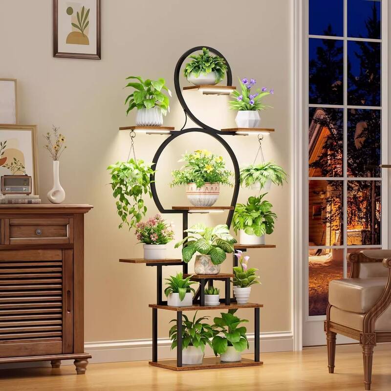Plant Stand with Grow Light, 9 Tiered 63" Tall Plant Shelves for Multiple Plants, Large Metal Plant Shelf, Lighted Plant Stand - Walnut+Black