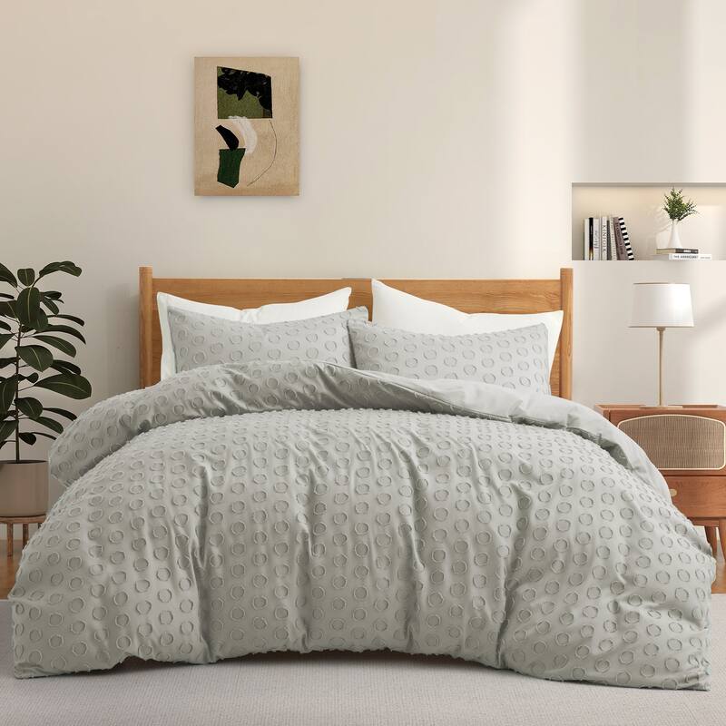 Stylish Full Polyester Clipped Geometric Duvet Cover & Pillowcase Set - King - Light Gray/Circle