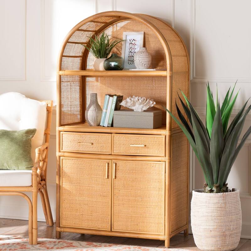 Mairen Arched Natural Rattan Storage Cabinet - Handwoven Pole Rattan Hutch with Two Drawers and Doors, Boho Coastal Cabinet