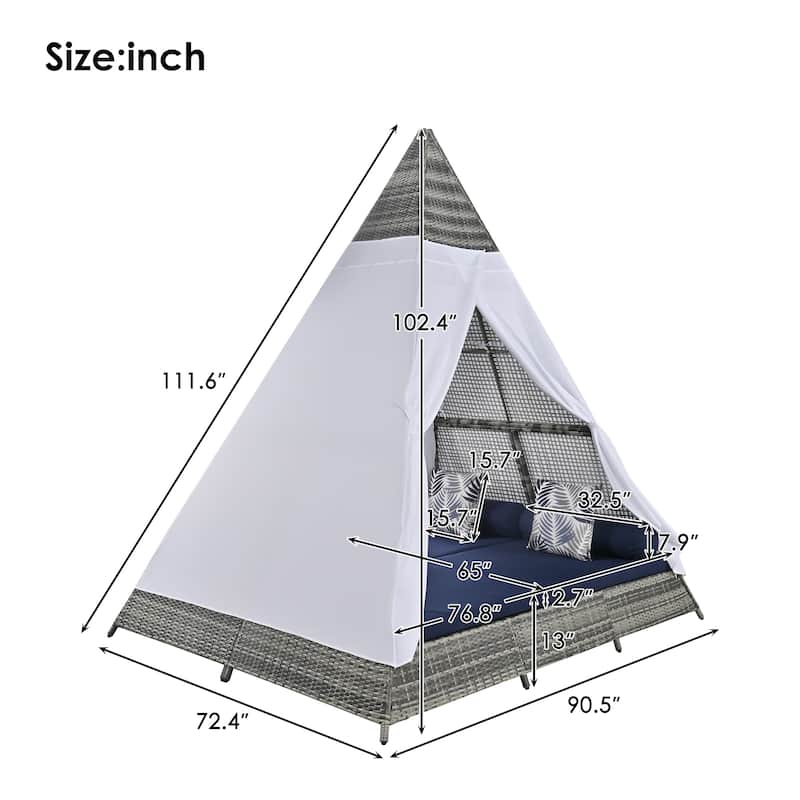 90.5" Triangle Tent Daybed Sunbed with Pillows & Curtain