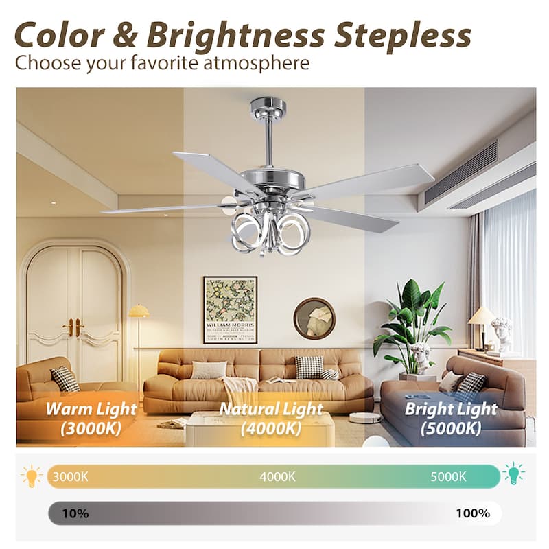 52-inch Modern Chrome Ceiling Fan with Dimmable LED Light and Reversible Motor - 52-inch W*19.3-inch H
