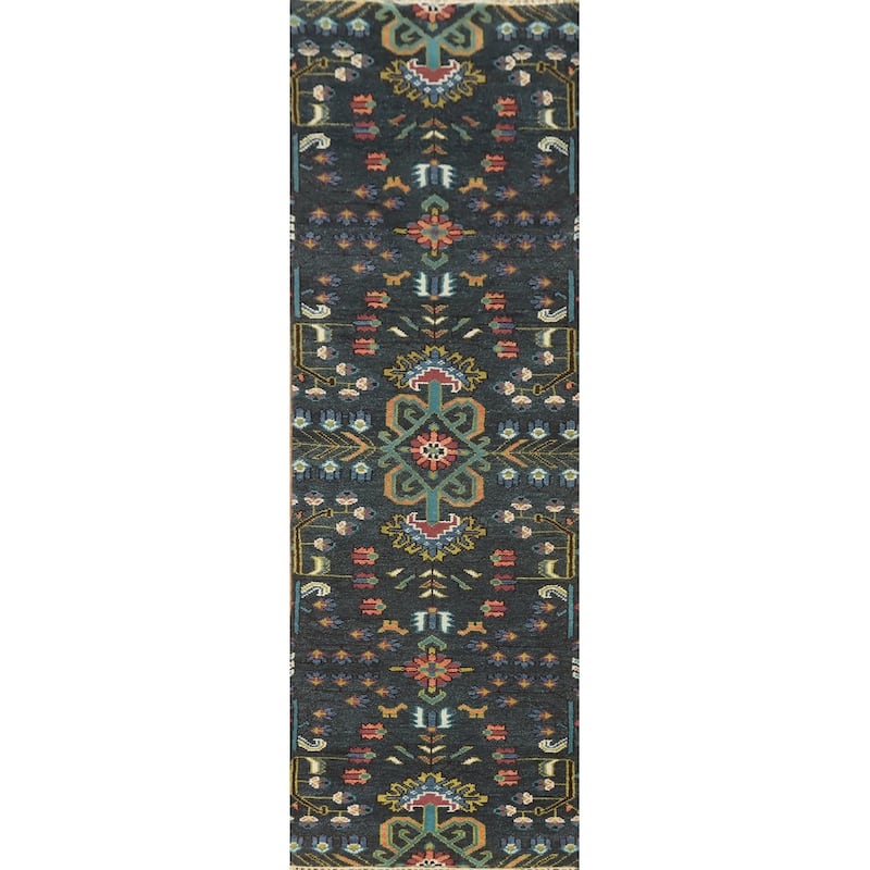 Hand-knotted Traditional Wool Grey Geometric Oriental Area Rug - 9' 11'' X 2' 5''