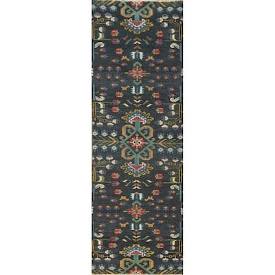 Hand-knotted Traditional Wool Grey Geometric Oriental Area Rug - 9' 11'' X 2' 5''