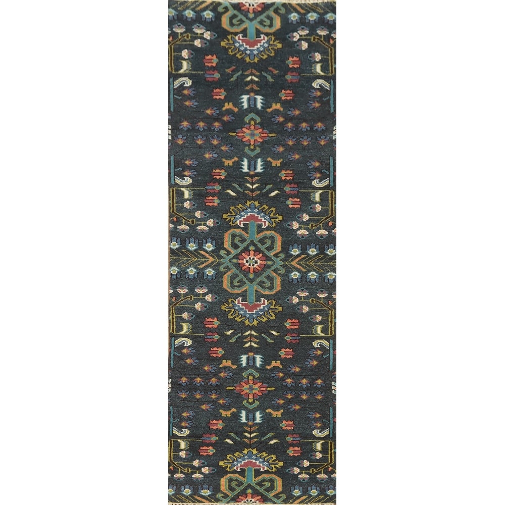 Hand-knotted Traditional Wool Grey Geometric Oriental Area Rug - 9' 11'' X 2' 5''