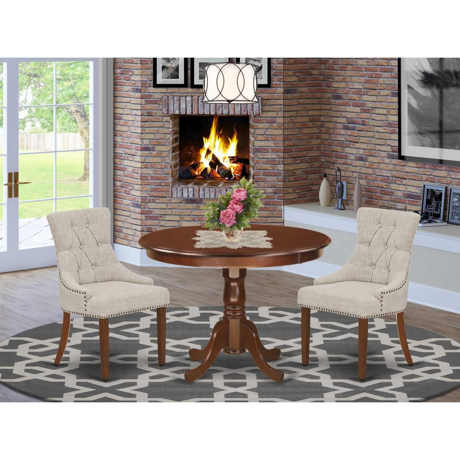 HomeStock 3-Pc Mahogany Finish Solid Wood Top - Round Dining Room Set - Seats 4