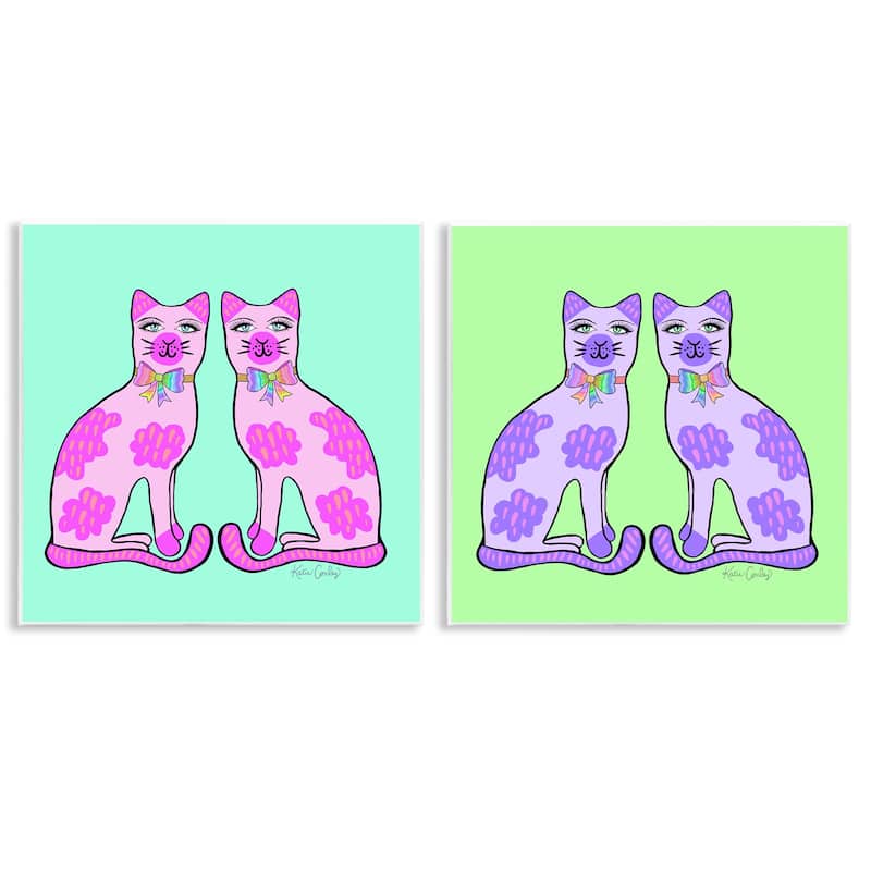 Stupell Bright Purple Cat Pairs Wall Plaque Art Design By Katie Conley (Set of 2) - 12 x 12