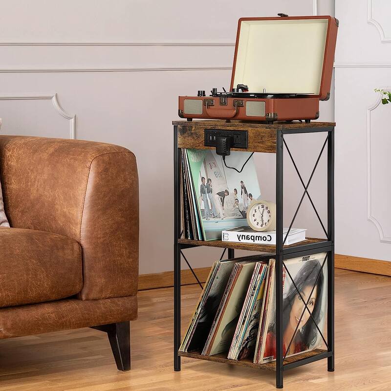 3-Tier Vinyl Record Storage Shelf Turntable Stand with Charging Station