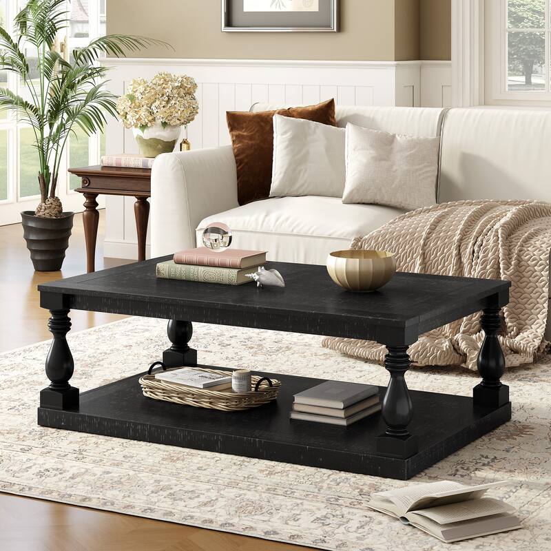 2-Tier Storage Coffee Tables with Vase Column Legs,Antique Wood Coffee Table Farmhouse 45" Rectangular Center Table