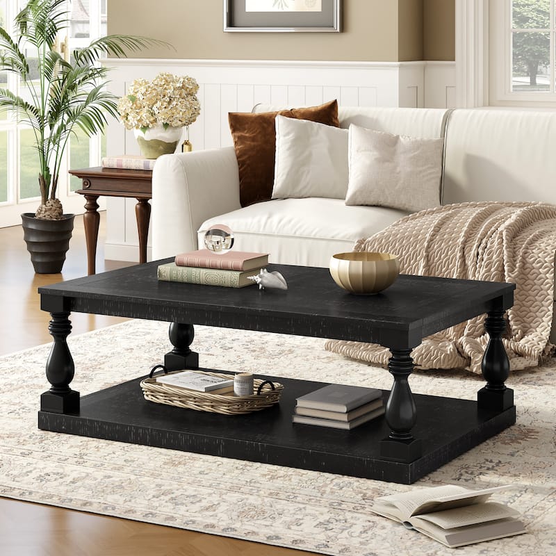45.2*28.3 Inch Vintage Coffee Table with Bottom Shelf, Solid Wood Vase Column Legs
