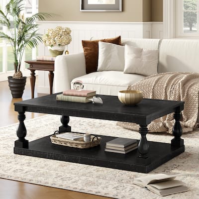 Roomfitters Vintage Coffee Table with Turned Legs, Pine Veneer Rectangular Center Table with Shelf for Living Room