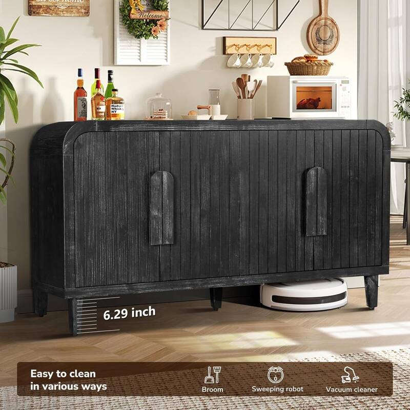 Roomfitters 59" Farmhouse Curved Sideboard, Vintage 4-Door Buffet with Vertical Carving & Large Wood Handles