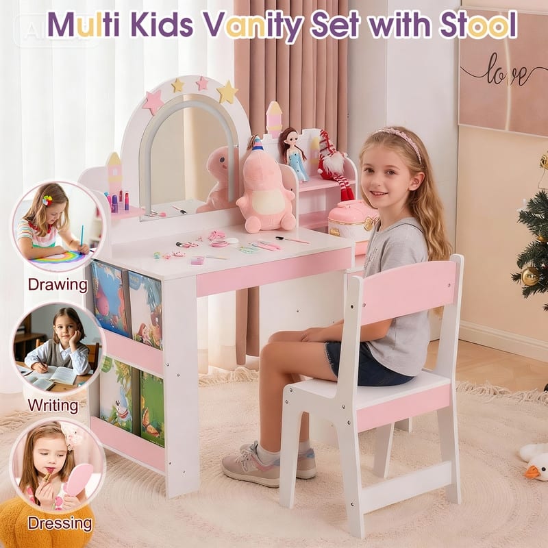 Kids MDF Vanity Table Set In White And Pink With 1 Drawer And Storage Rack - N/A