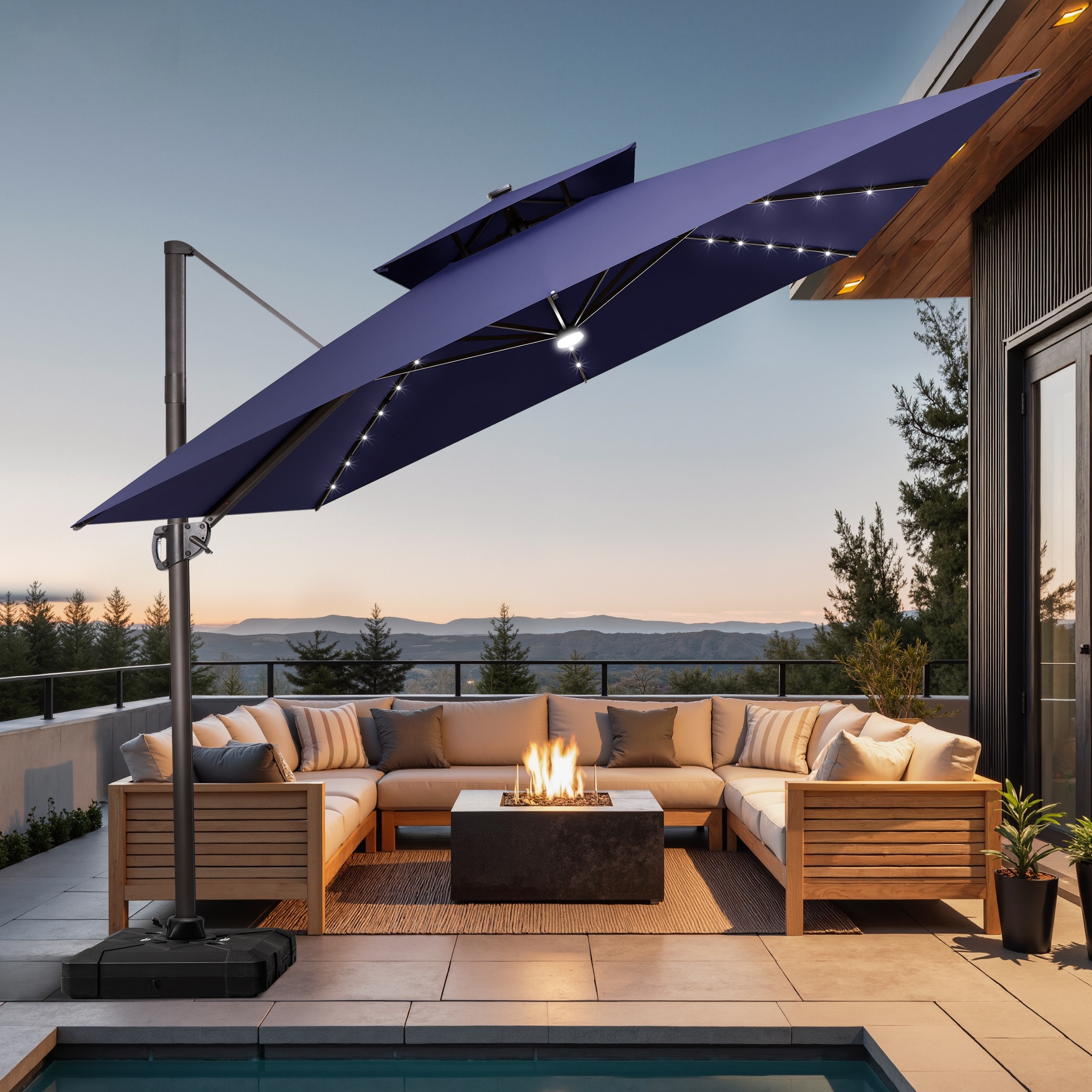 11 FT Square Outdoor Patio Cantilever Umbrella with Solar Lights Wheeled Base Double Canopy 360 Rotation Tilt