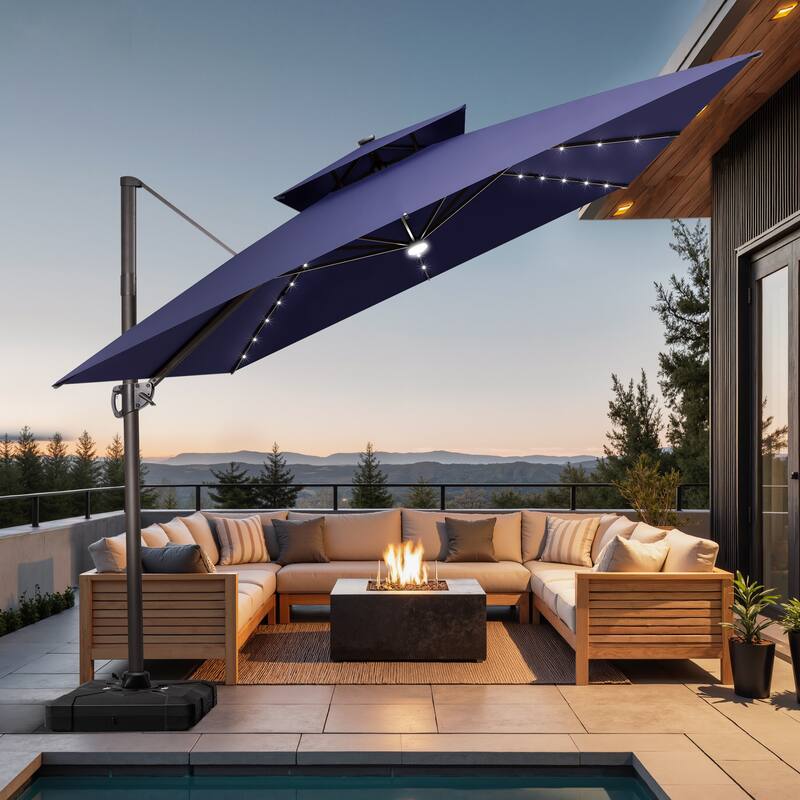 11 FT Square Outdoor Patio Cantilever Umbrella with Solar Lights Wheeled Base Double Canopy 360 Rotation Tilt - NavyBlue