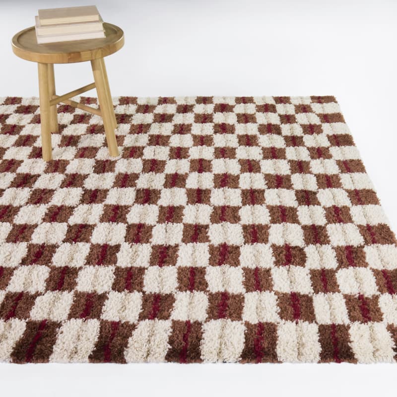 Bateman Modern Checkered Shag Area Rug - Rust - 5'3" x 7'