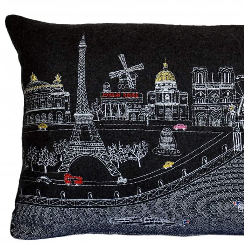 HomeRoots 25" Black Paris Nighttime Skyline Standard Lumbar Decorative Pillow
