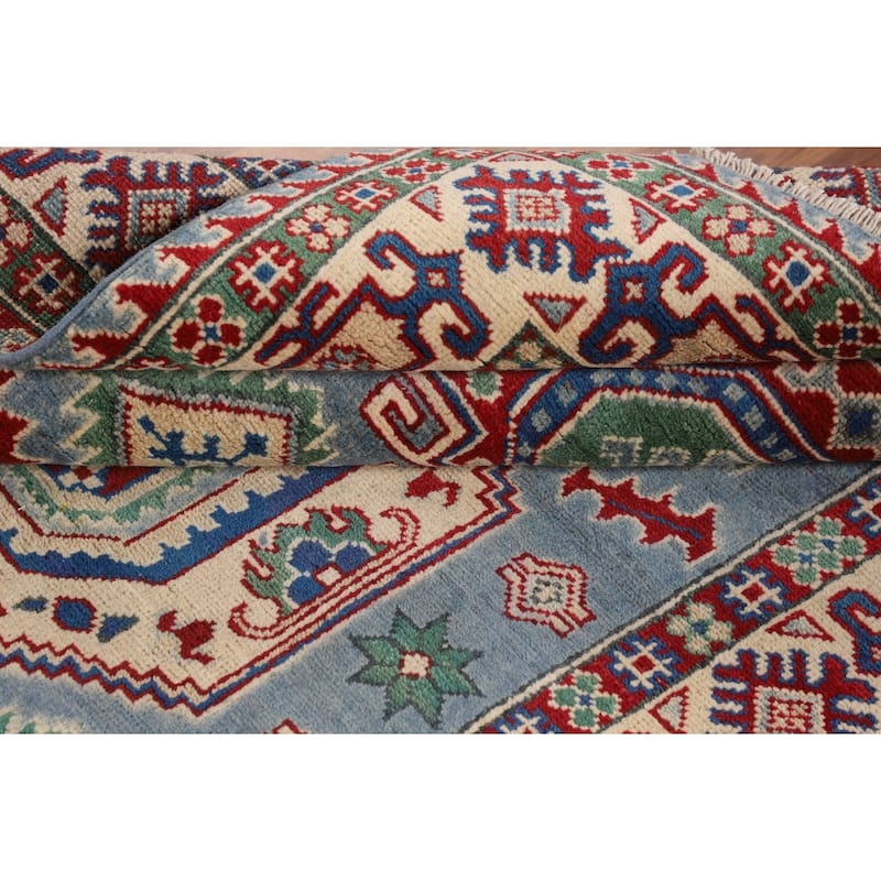Light Blue Geometric Kazak Area Rug Hand-Knotted Wool Carpet - 4'0" x 5'10"