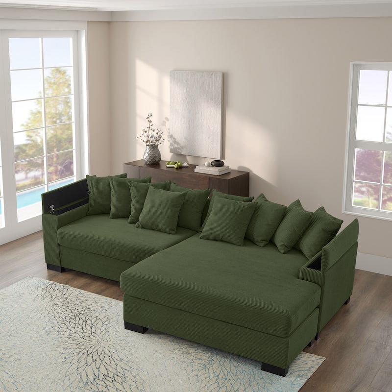 Corduroy L-shaped Sectional Sofa with Convertible Chaise Lounge, Armrests Built-in Storage, Removable Covers and Pillows