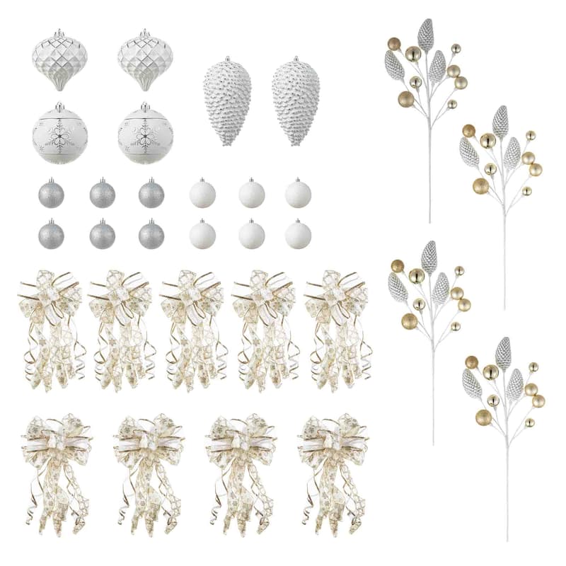 Glitzhome 191-Piece Glitter Ribbon Bow Gold Silver Ball Shatterproof Ornaments Xmas Tree Decor