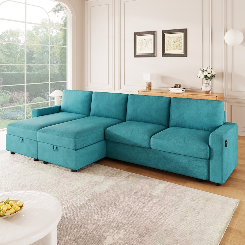 103.9" Convertible U-shaped Sofa with 2 Storage Chaise Lounges, 4 USB Ports, Teal, Polyester