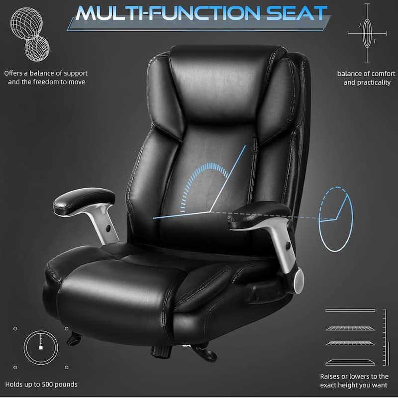 BOSSIN 600lbs Big and Tall Office Leather Chair with Flip up Armrest, Ergonomic Lumbar Support and Quiet Rubber Wheel