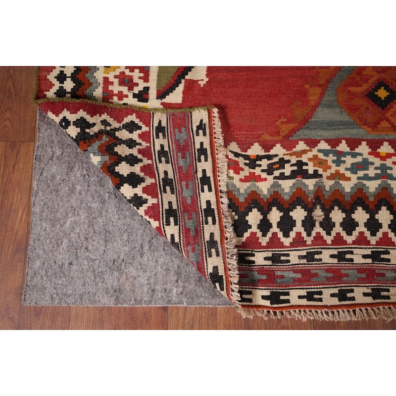 Vegetable Dye Orange Kilim Qashqai Persian Antique Wool Carpet - 4'4"x 10'10"