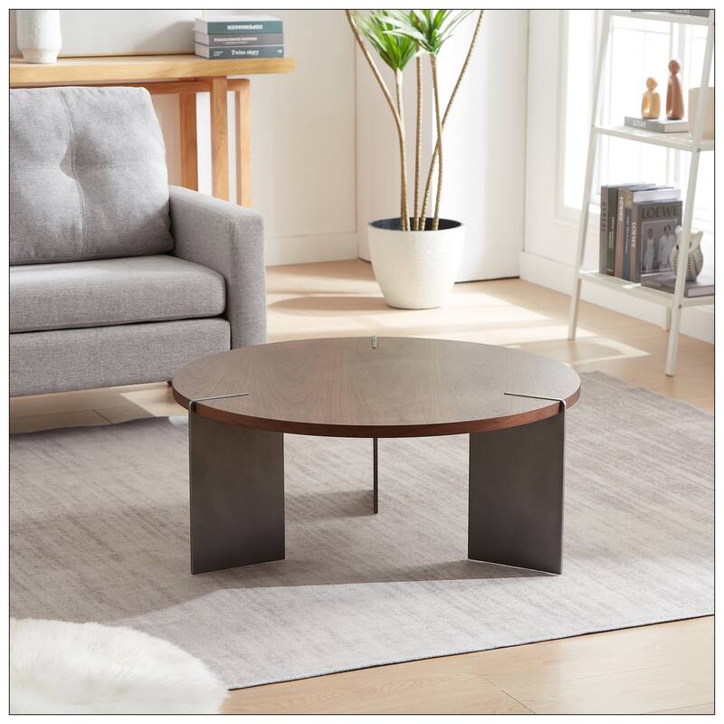 Round Coffee Table Walnut Wood Surface and Black Metel Feet