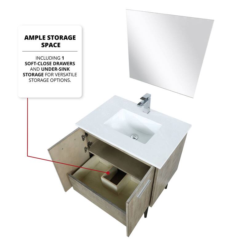 Lancy 30 in W x 20 in D Rustic Acacia Bath Vanity, White Quartz Top, Chrome Faucet Set and 28 in Mirror