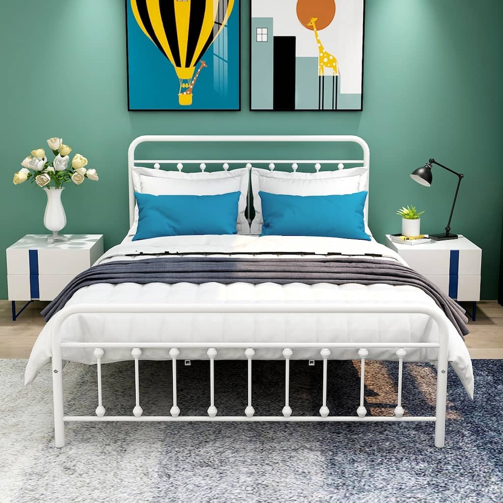 Modern Metal Platform Bed Frame with Victorian Style Wrought Iron-Art Headboard/Footboard, No Box Spring Required
