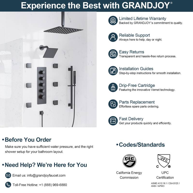 GRANDJOY Shower System 16 inch Rainfall Ceiling and 6 inch Wall Mount Dual Shower Head Handheld Spray Slide Bar Thermostatic