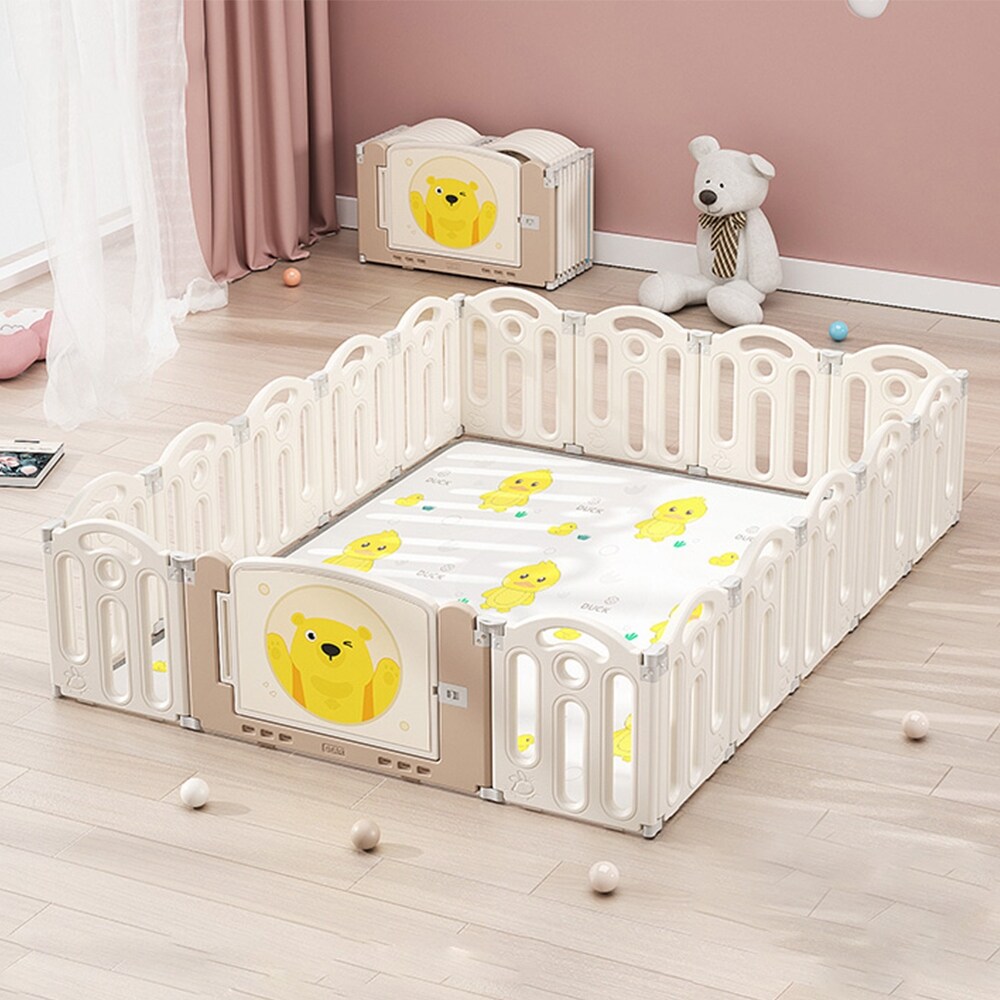 Bear Beige Foldable Playpen Baby Safety Play Yard With Fence Indoor Toys With Play mat 16 panel and 1 play mat Bed Bath Beyond 38403929