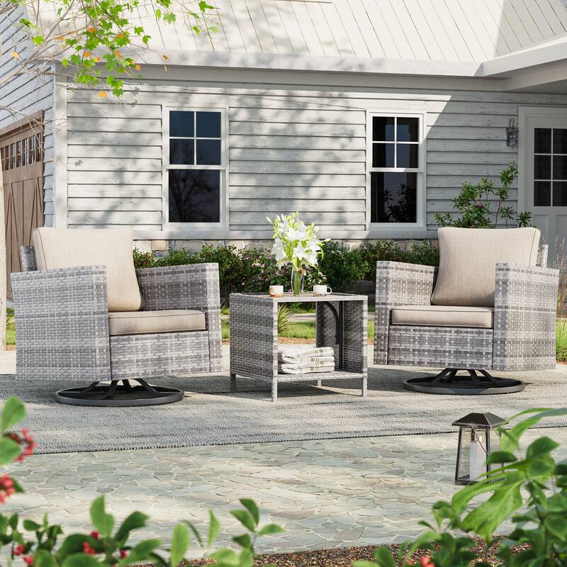 BONOSUKI 3Pcs Patio Swivel Rocking Sofa Set Brown Rattan w/Side Table - Gray/Beige
