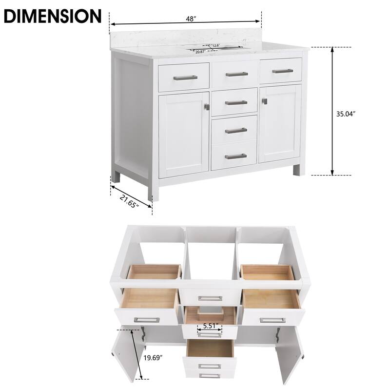 Prismatica Single Sink Bathroom Vanity 48 in White, Marble Countertop & Splash