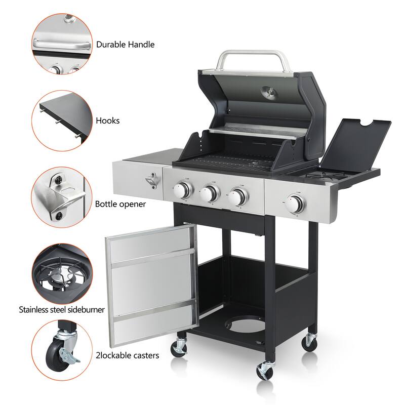 37230BTU Output 3 Burner Propane Gas BBQ Grill with Side Burner