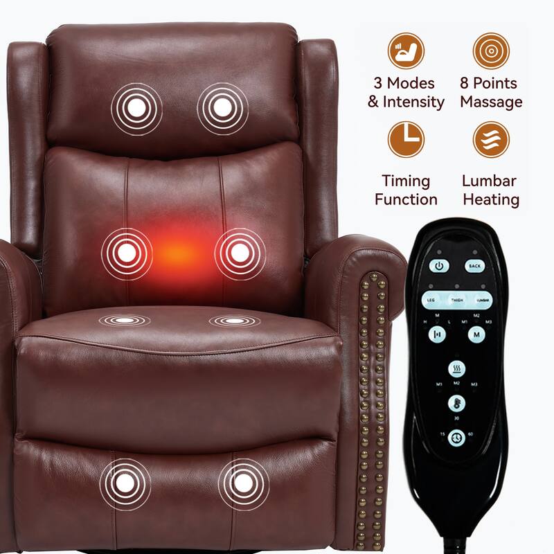 Manual Recliner Chair with Heat & Massage, Genuine Leather Swivel Recliner Chair, Lounge Sofa Chair with Side Pockets