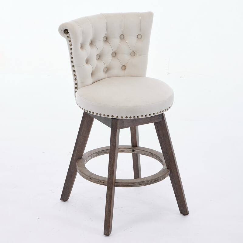 Velvet Upholstered Counter Height Bar Stools Set of 2, Tufted Button Swivel Bar Stools, Kitchen Counter Stools with Wood Legs