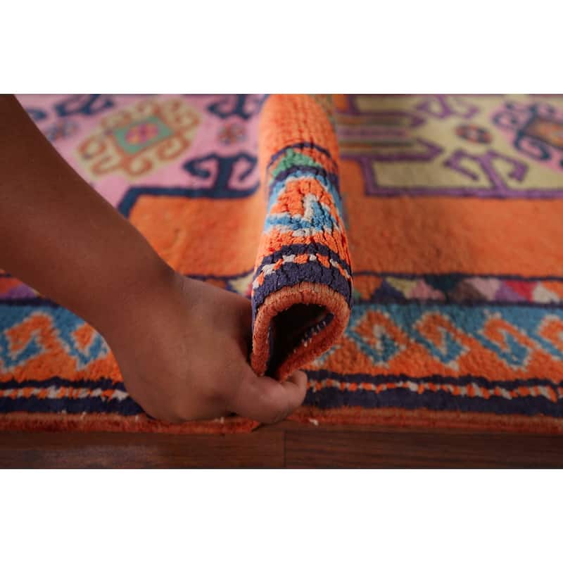Orange Geometric Anatolian Oriental Runner Rug Handmade Silk Carpet - 3'0"x 12'4"
