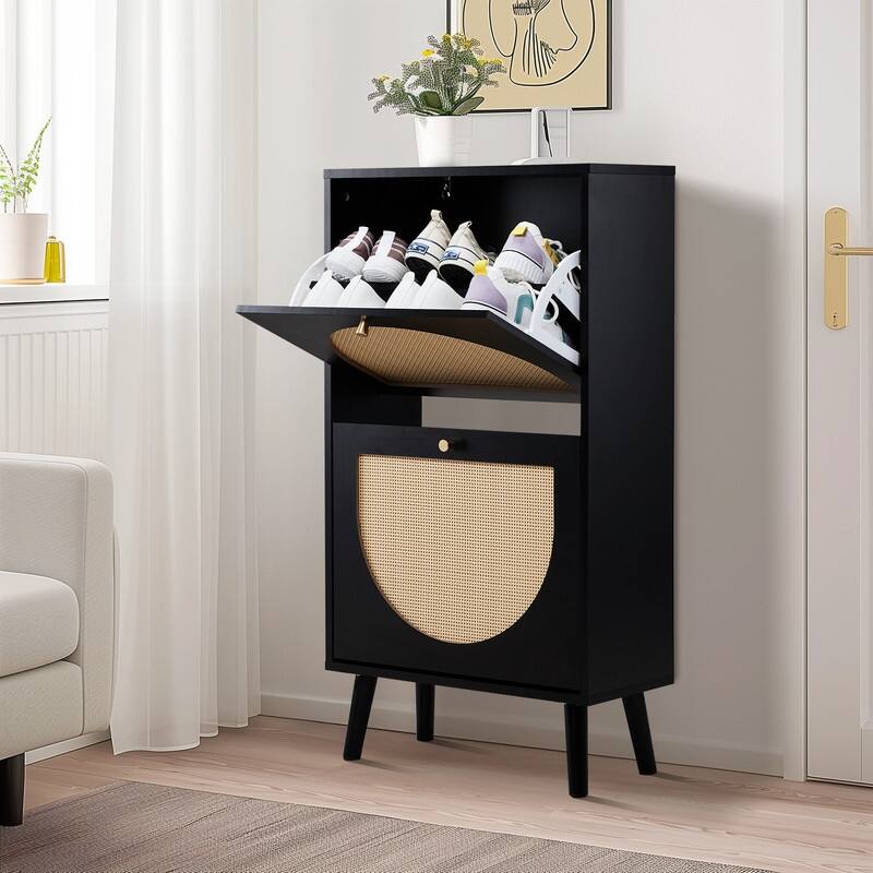 Rattan Shoe Cabinet with 2 / 4 Flip Drawers, Narrow Shoe Storage Cabinet,Organizer for Entryway, Bedroom, Living Room