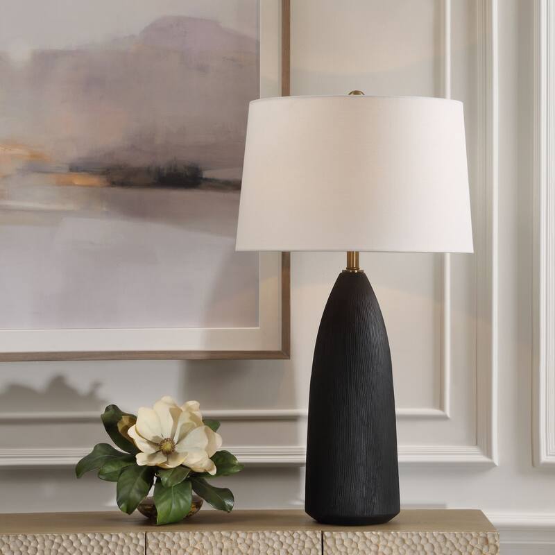 Ceramic Solid Table Lamp with White Tapered Shade - 35" - Black