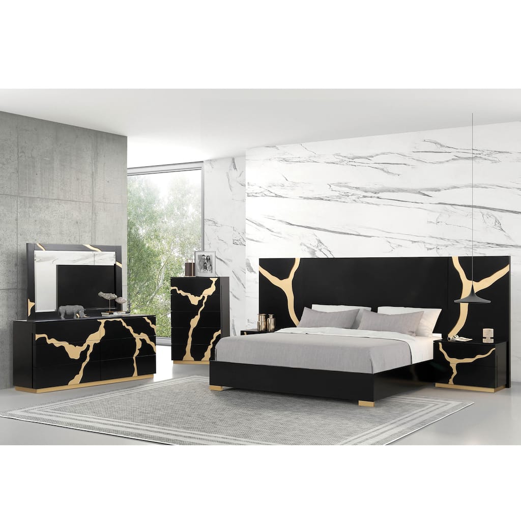 Furniture of America Kismet Modern 6-Piece Black Wood Platform Bedroom Set with Wall Panels