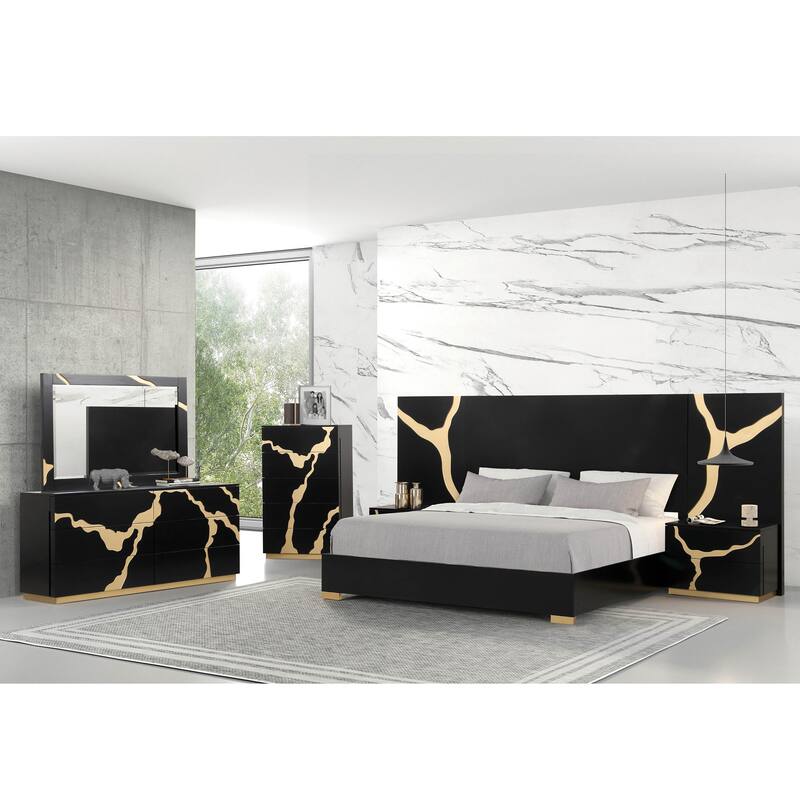 Furniture of America Kismet Modern 6-Piece Black Wood Platform Bedroom Set with Wall Panels - King