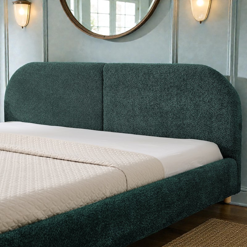 Upholstered Bed Frame with Tall Curved Headboard, Premium Circle Yarn Fabric, Modern Minimalist Platform Bed