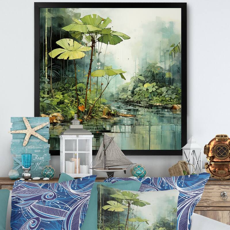 Designart "Tropical Jungle River II" Coastal Tropical Wall Decor Green Coastal Bedroom Framed Canvas Wall Art - 36 in. wide x 36 in. high - Black
