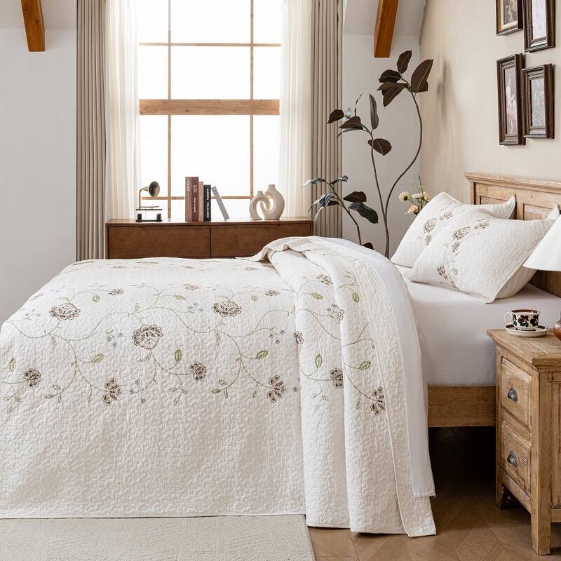 All Cotton Floral Embroidered Quilt Set, Washed, Lightweight, 3 Piece Bedding