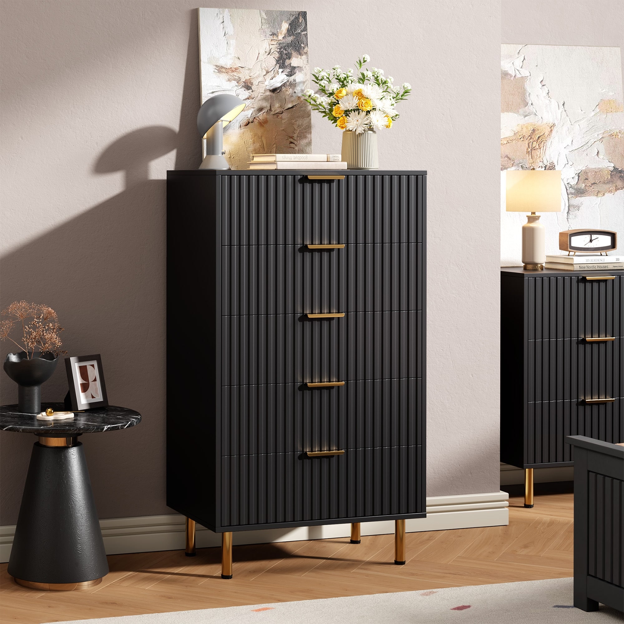 5 Dresser Chest,Fluted 5 Drawer Storage Dresser for Bedroom